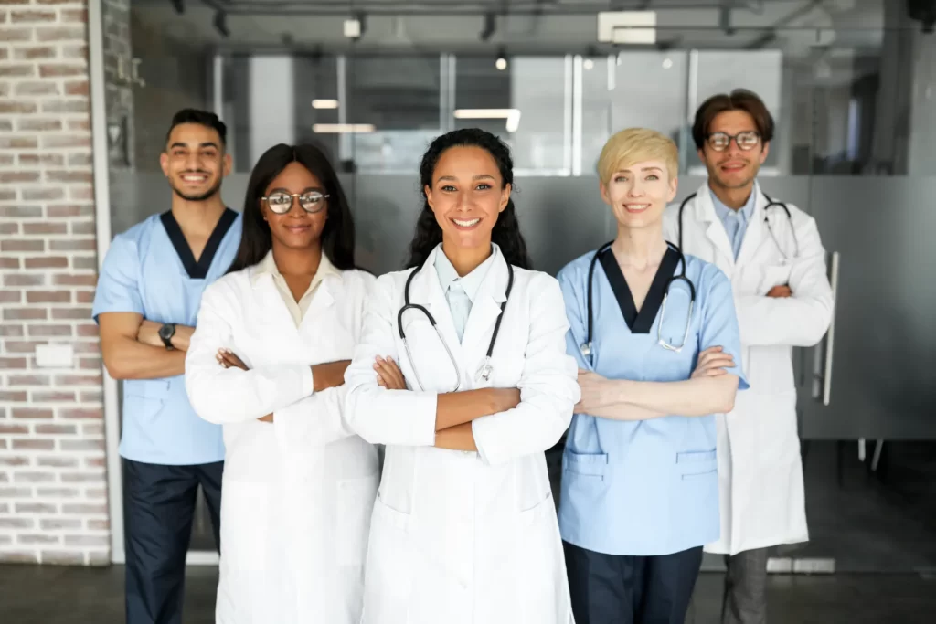 multiracial team of newest modern clinic having br utc